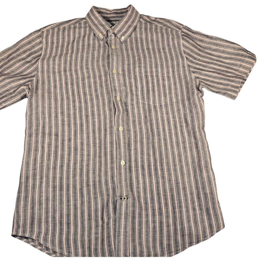 St. Johns Bay Mens Large Linen Blend Striped Short Sleeve Button Down Shirt Grey